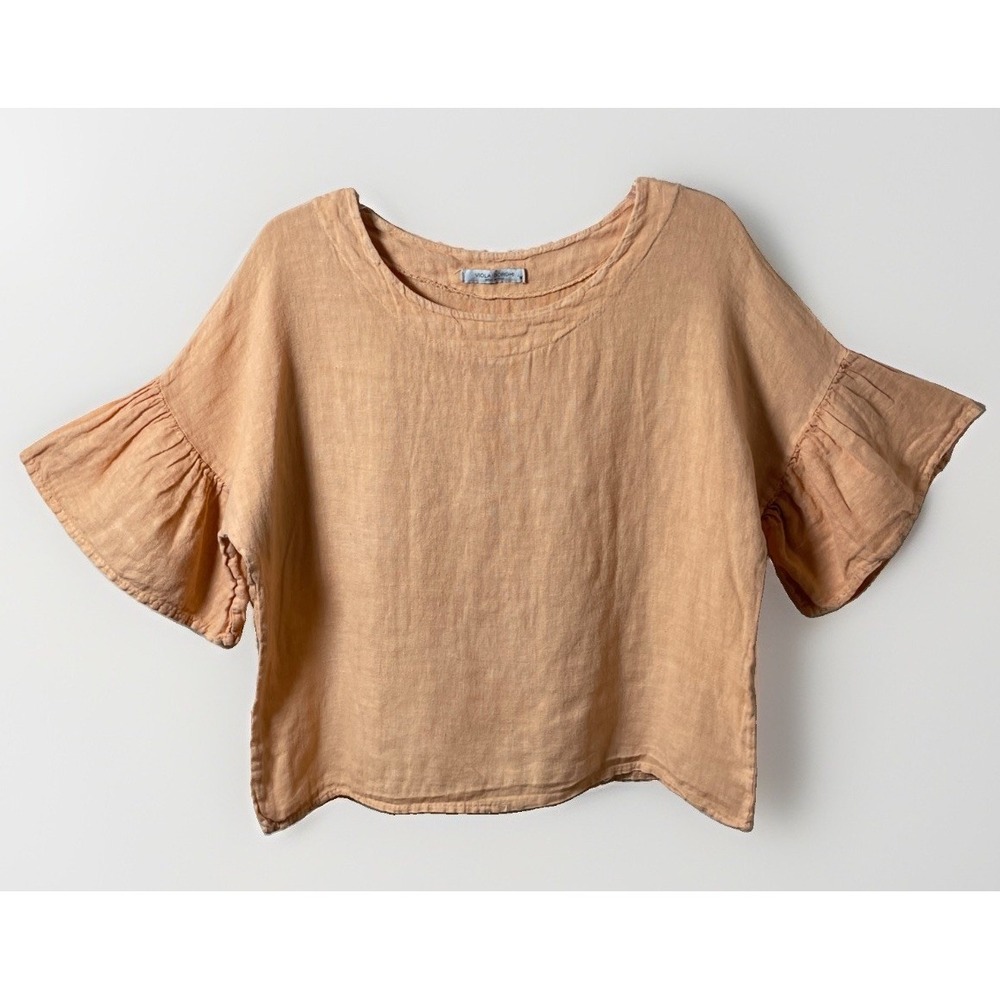 Viola Borghi Made In Italy Linen Scoop neck Short Bell Sleeve Blouse Orange M‎